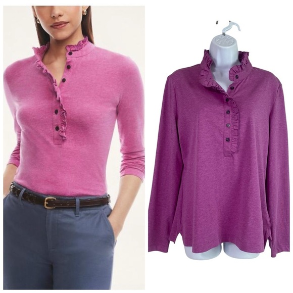 Brooks Brothers Tops - Brooks Brothers Raspberry Supima Cotton Ruffle Long Sleeve Henley Size L